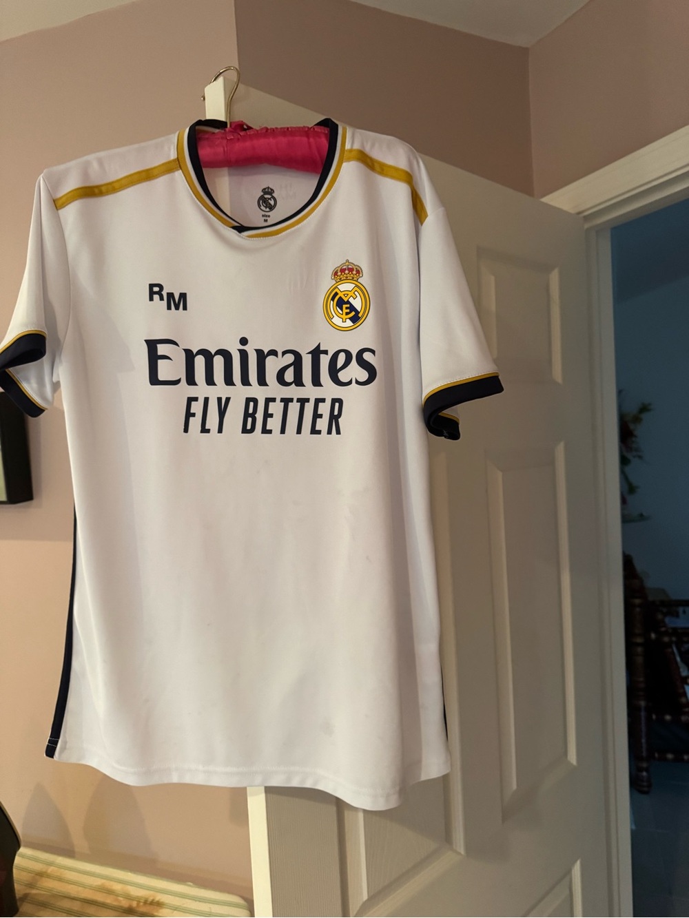 Jerzees White Kids Soccer Jersey with Navy and Gold Trim